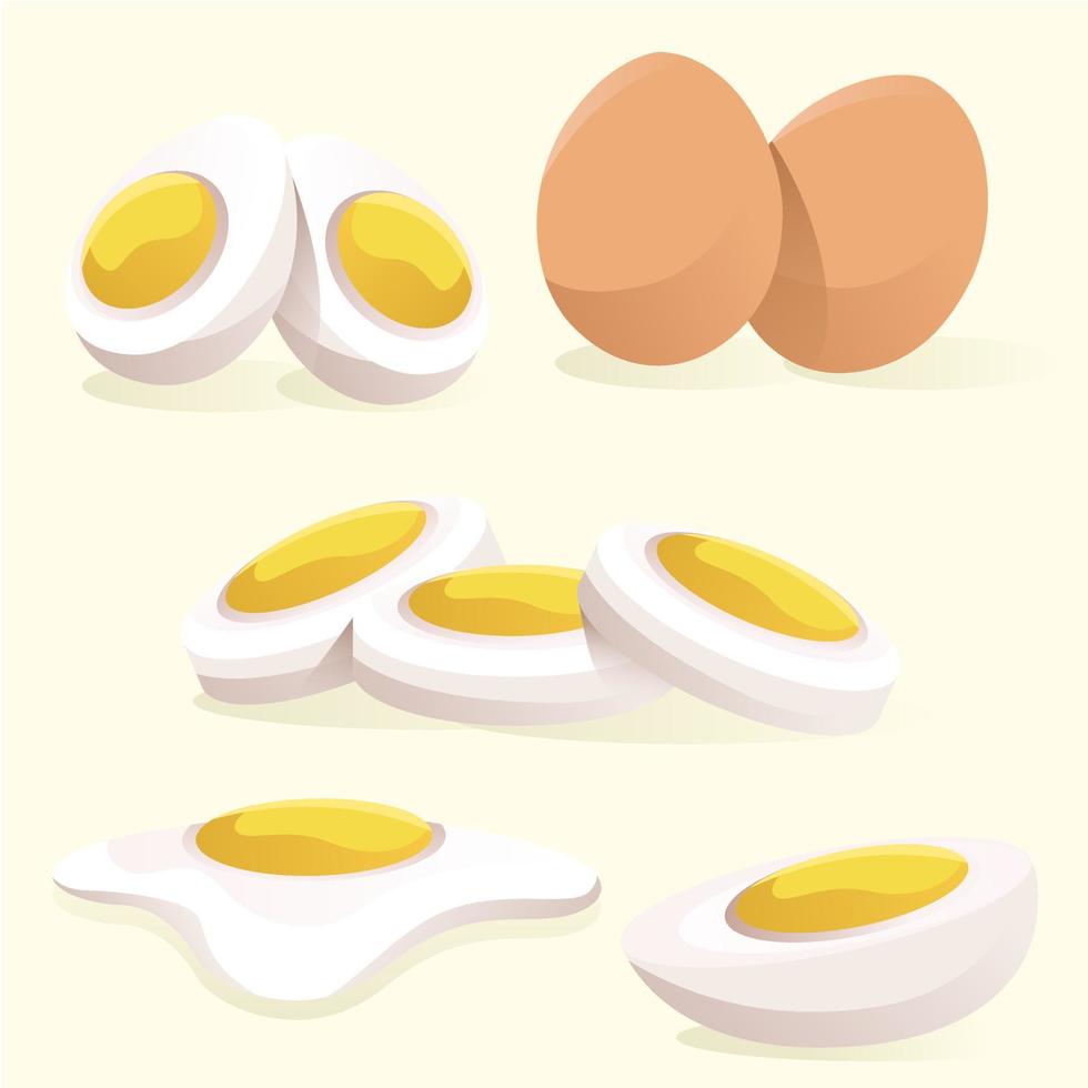 Cartoon-Ei isoliert auf weißem Hintergrund. Set aus gebratenen, gekochten, halben Eierscheiben. Vektor-Illustration. Eier in verschiedenen Formen. vektor