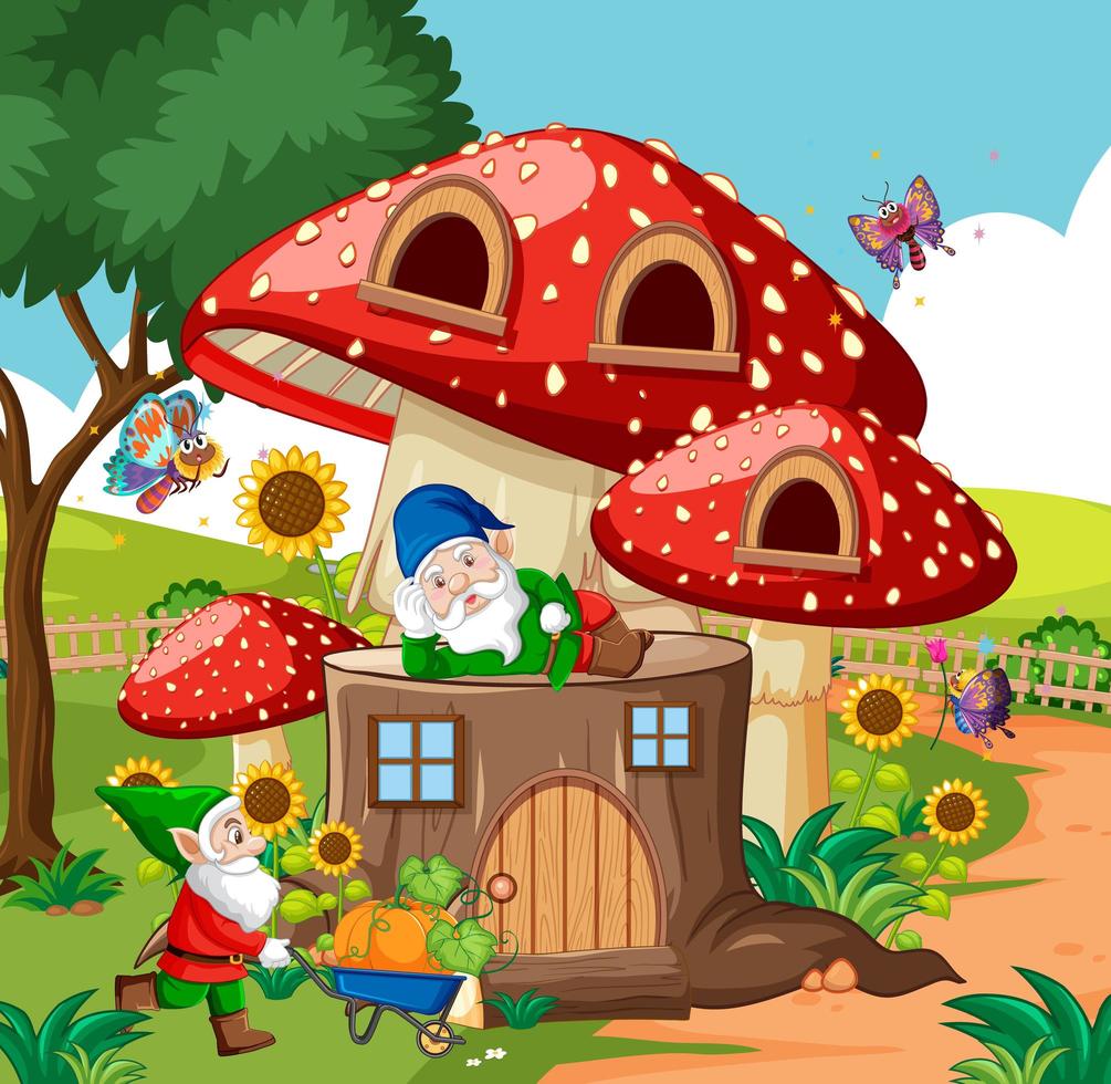 gnomes och timmer svamp hus och i trädgården tecknad stil på trädgård bakgrund vektor