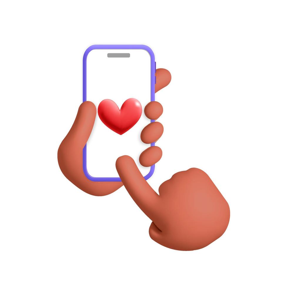 3d vektor tecknad serie framställa afrikansk hand innehar smartphone skickar kärlek hjärta form symbol valentine dag attrapp design