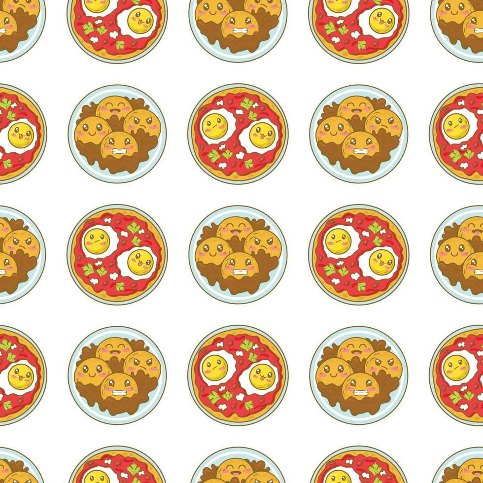 sömlös mönster med mexikansk efterrätt pumpa pannkakor sopaipilla och krypterade ägg huevos rancheros med rolig ansikten i klotter tecknad serie stil isolerat på vit bakgrund vektor