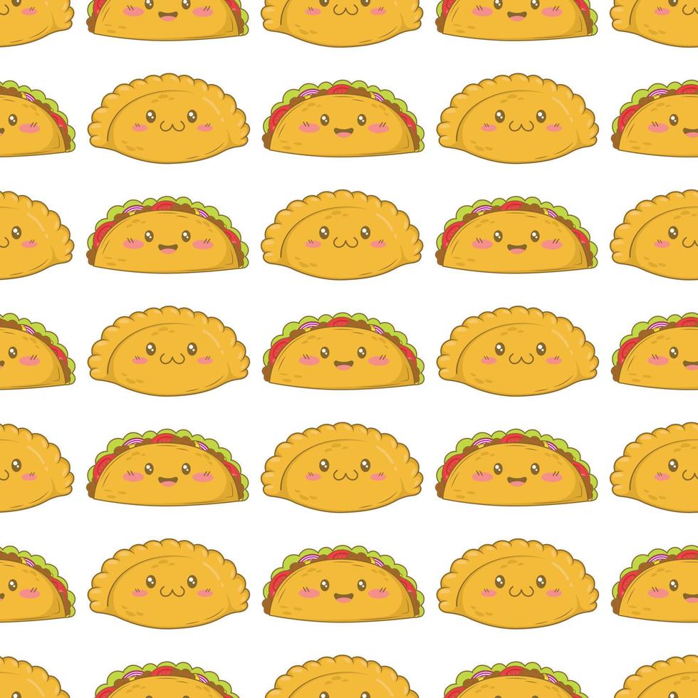 nahtloses muster mit mexikanischen pastetchen empanadas und tacos mit lustigen gesichtern im gekritzelkarikaturstil lokalisiert auf weißem hintergrund vektor