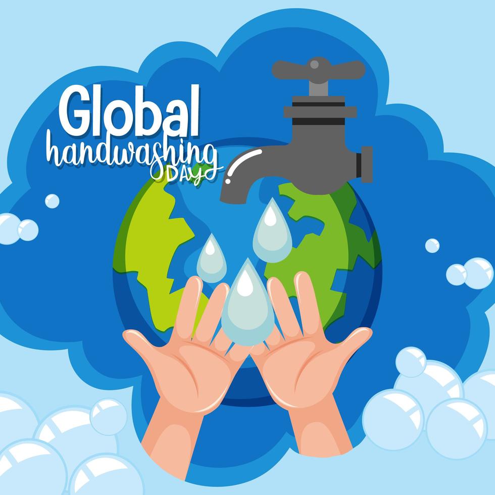 globales Handwaschtag-Logo mit Wasser vom Wasserhahn und vom Globushintergrund vektor