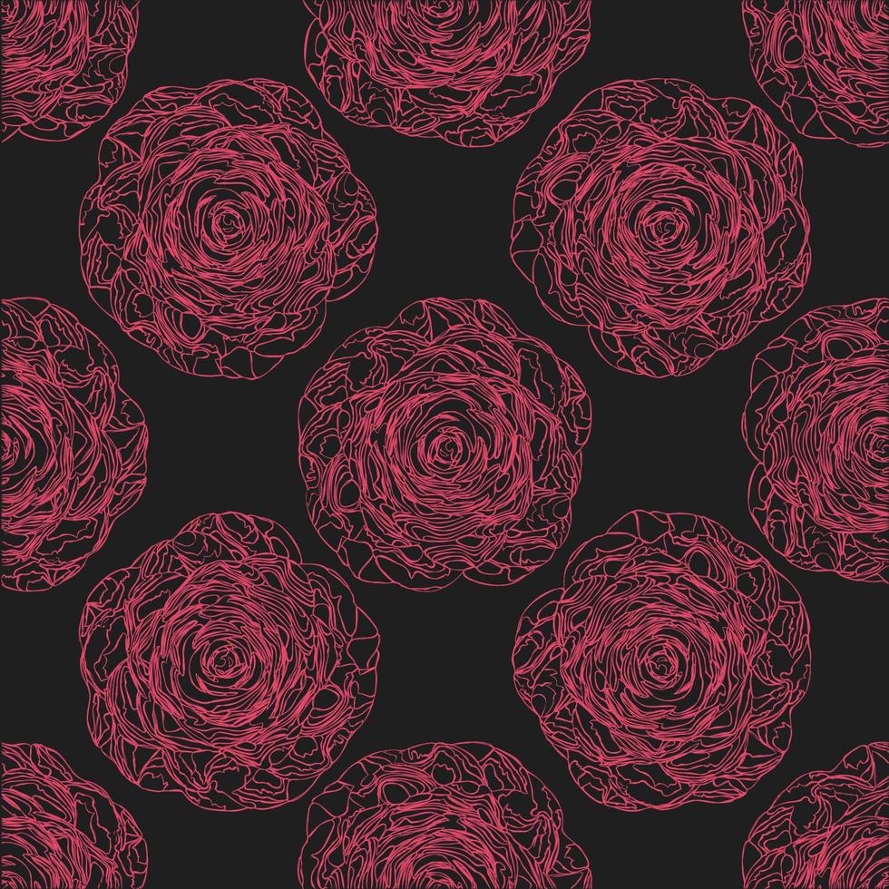 Nahtloses handgezeichnetes Muster mit japanischer Blumenkamelie. Vektor-Illustration. rosa auf dunklem hintergrund. vektor