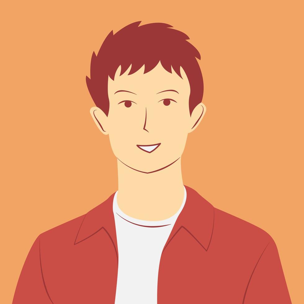 porträtt av leende ung rödhårig i platt illustration i mjuk färger. självsäker man avatar vektor