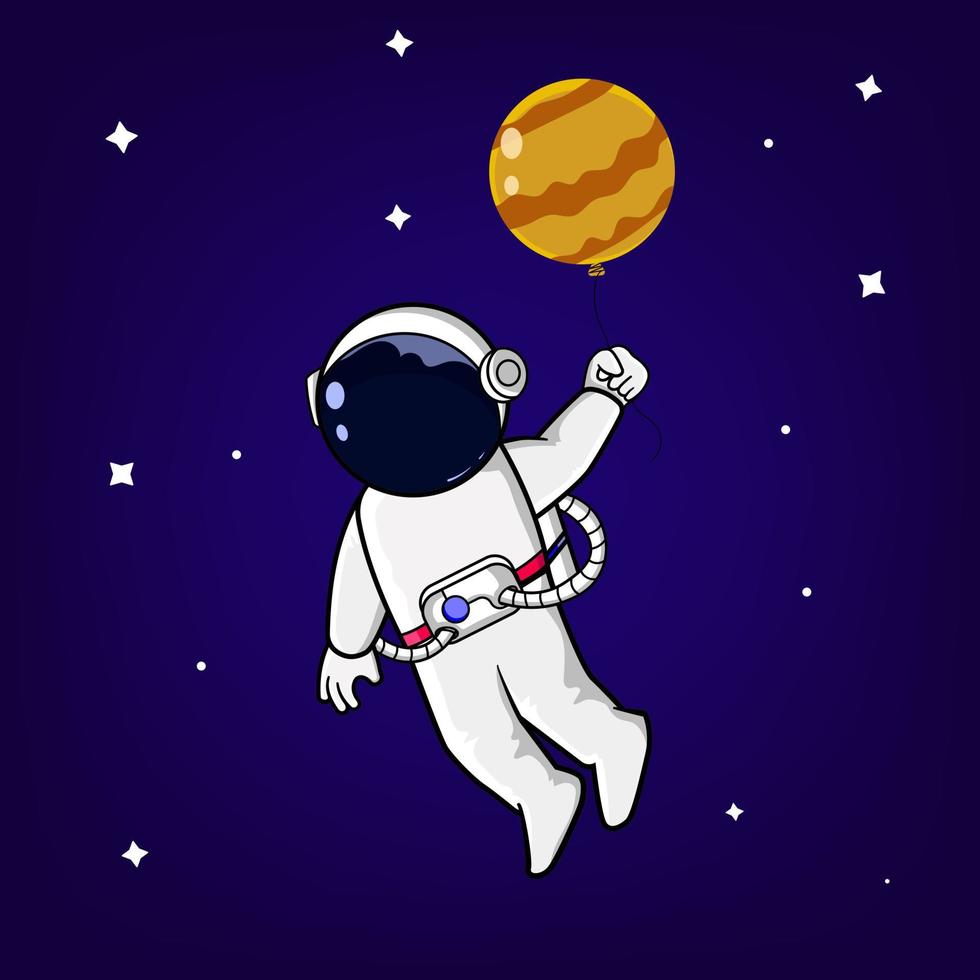 söt astronaut flytande med planet formad ballong. vektor