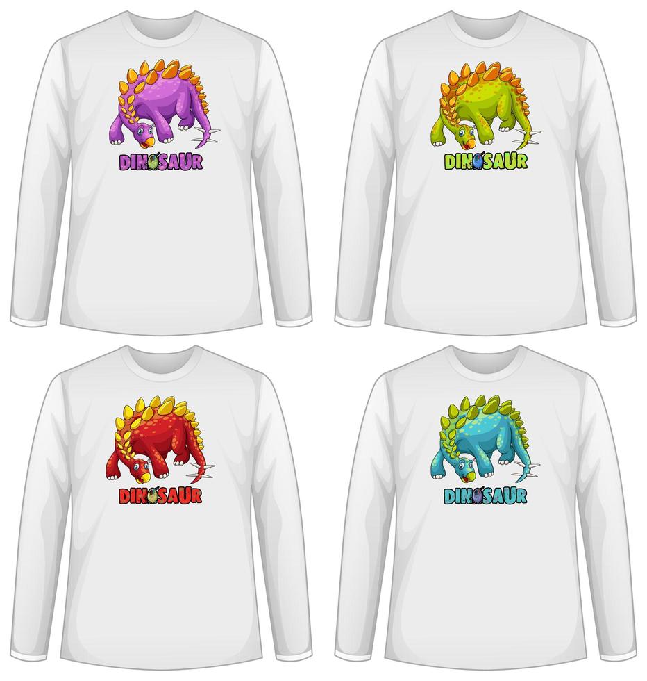uppsättning av olika färger dinosaurie skärm på långärmad t-shirt vektor