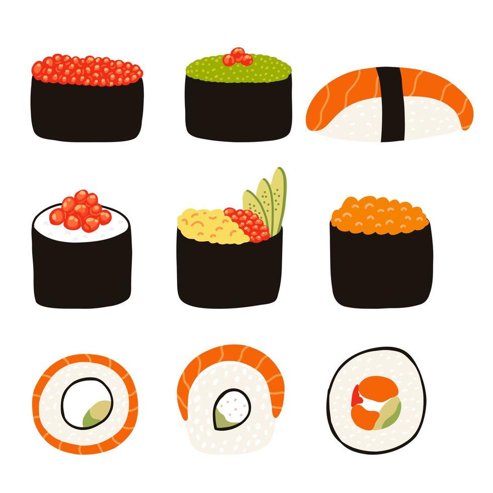 sushi uppsättning i tecknad serie platt stil. hand dragen vektor illustration av japansk traditionell kök.