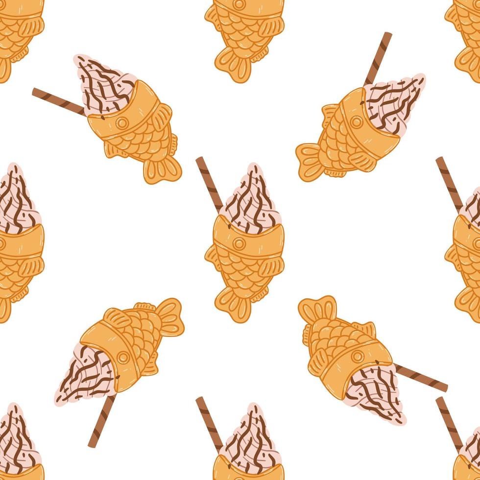 nahtloses muster mit taiyaki-fischförmigen eistüten im flachen karikaturstil. hand gezeichneter vektorhintergrund mit traditionellem japanischem essen, süß, dessert vektor