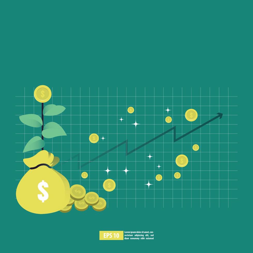 Return-on-Investment-Konzept, ROI-Diagramm und Grafik, Geschäft, Gewinn und Erfolg. wachsender Geldbaum, Goldmünzen auf Ästen. Symbol des Reichtums. flache Vektorillustration vektor