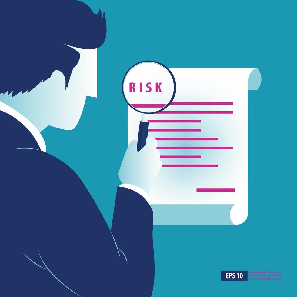 risk illustration. affärsman analysera risk dokumentera använder sig av förstora. företag bakgrund vektor