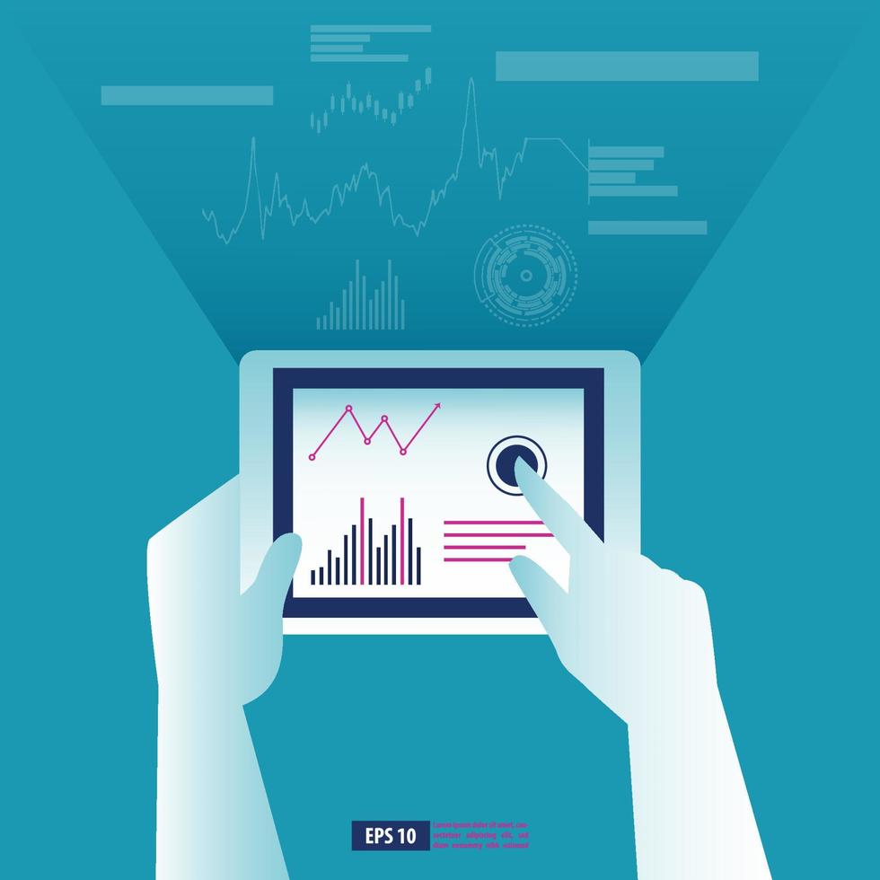 hand, die tablette mit futuristischem online-geschäftsberichtskonzept hält. Business-Vektor-Illustration vektor