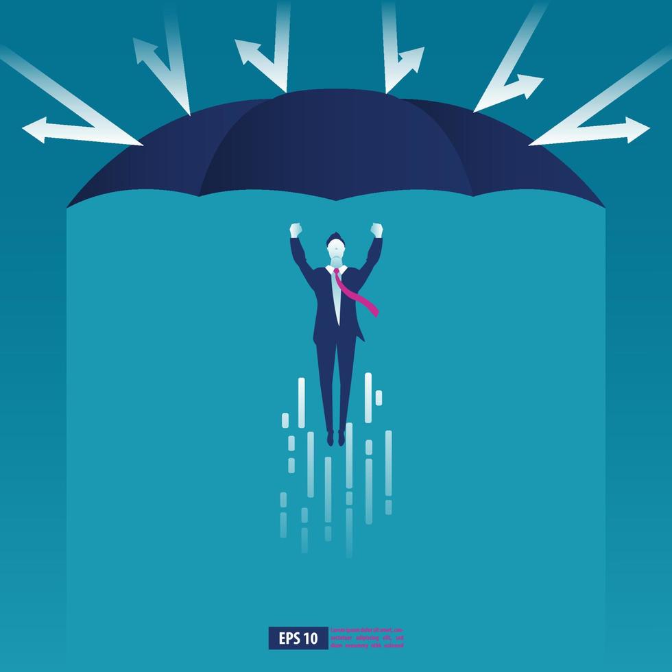 företag man flygande innehav stor paraply till skydda från hinder. företag vektor illustration