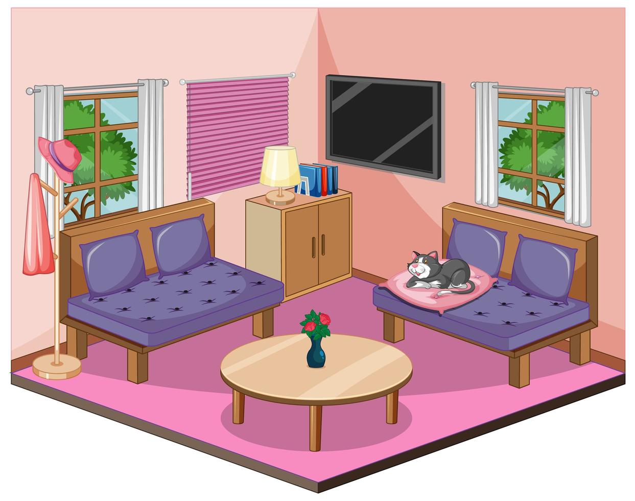 vardagsrumsinredning med möbler i rosa tema vektor