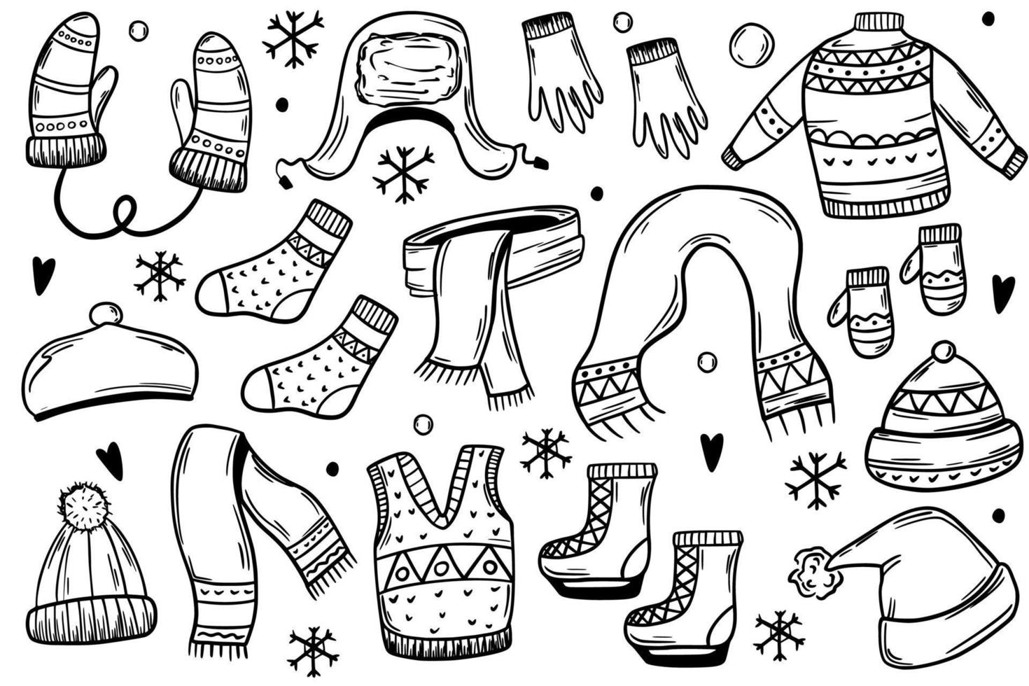 Winterkleidung, Mützen, Handschuhe, Schlittschuhe, Fäustlinge. warme Kleidung. vektorillustration im skizzenstil. vektor