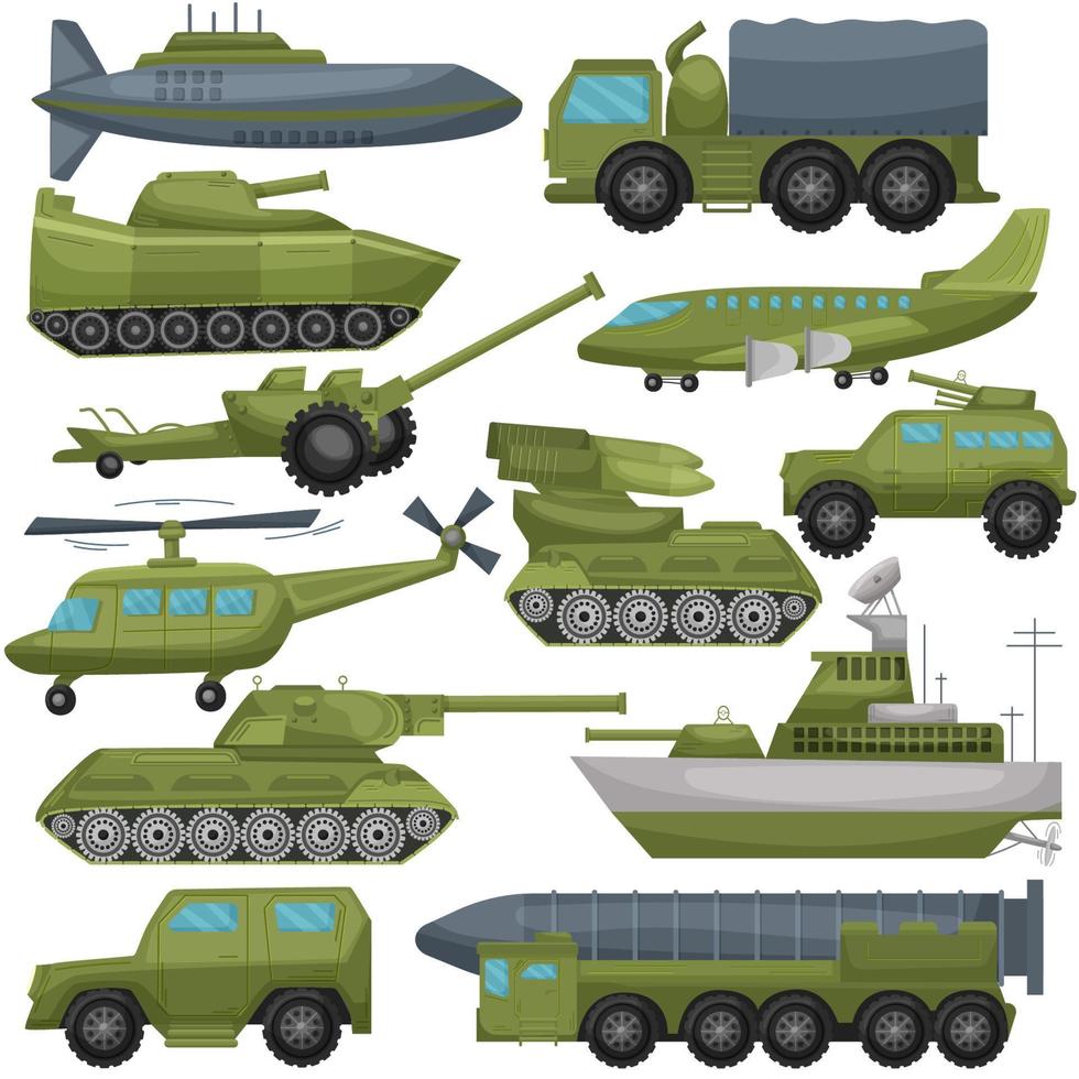 uppsättning av militär Utrustning. tank, armerad bil. btr. krig aktiviteter. armén teknologi. för din design. vektor