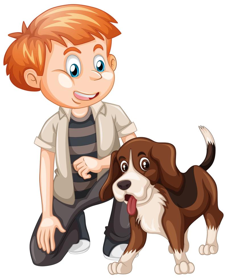 Junge spielt mit einem Hund lokalisiert auf weißem Hintergrund vektor