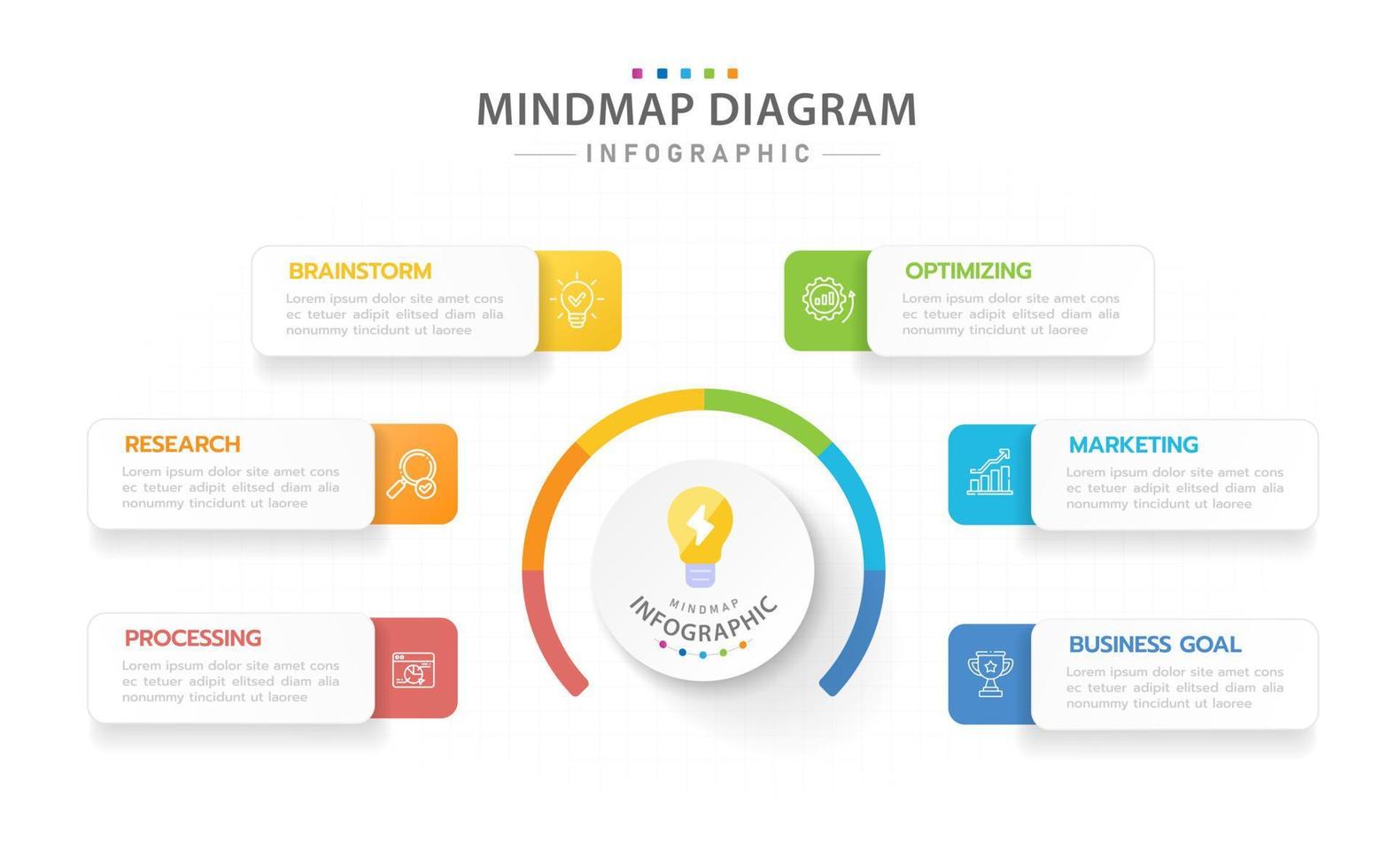 Infografik-Vorlage für Unternehmen. 6 Schritte modernes Mindmap-Diagramm mit rechteckigen Themen, Präsentationsvektor-Infografik. vektor