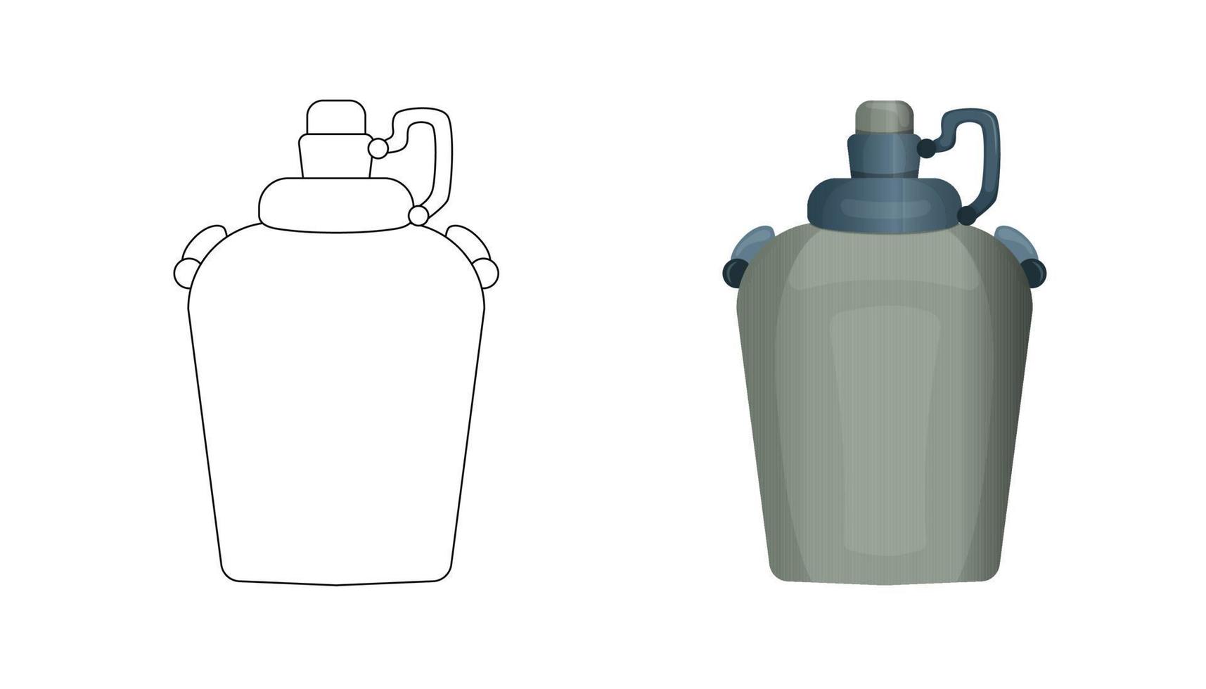 färg sida för barn. metall vatten flaska för camping, överlevnad, militär. vektor. barn färg bok för elementärt skola. svart och vit illustration. vektor