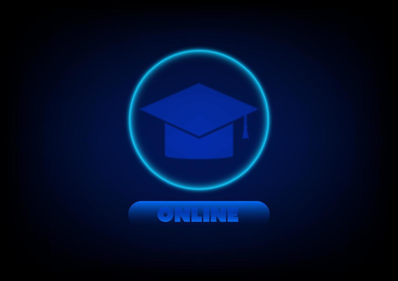 Mortarboard mit Knopf und Online-Text und Lichtring auf blauem Hintergrund. Bildung oder Online-Kurs, E-Learning. zu Hause lernen. vektor