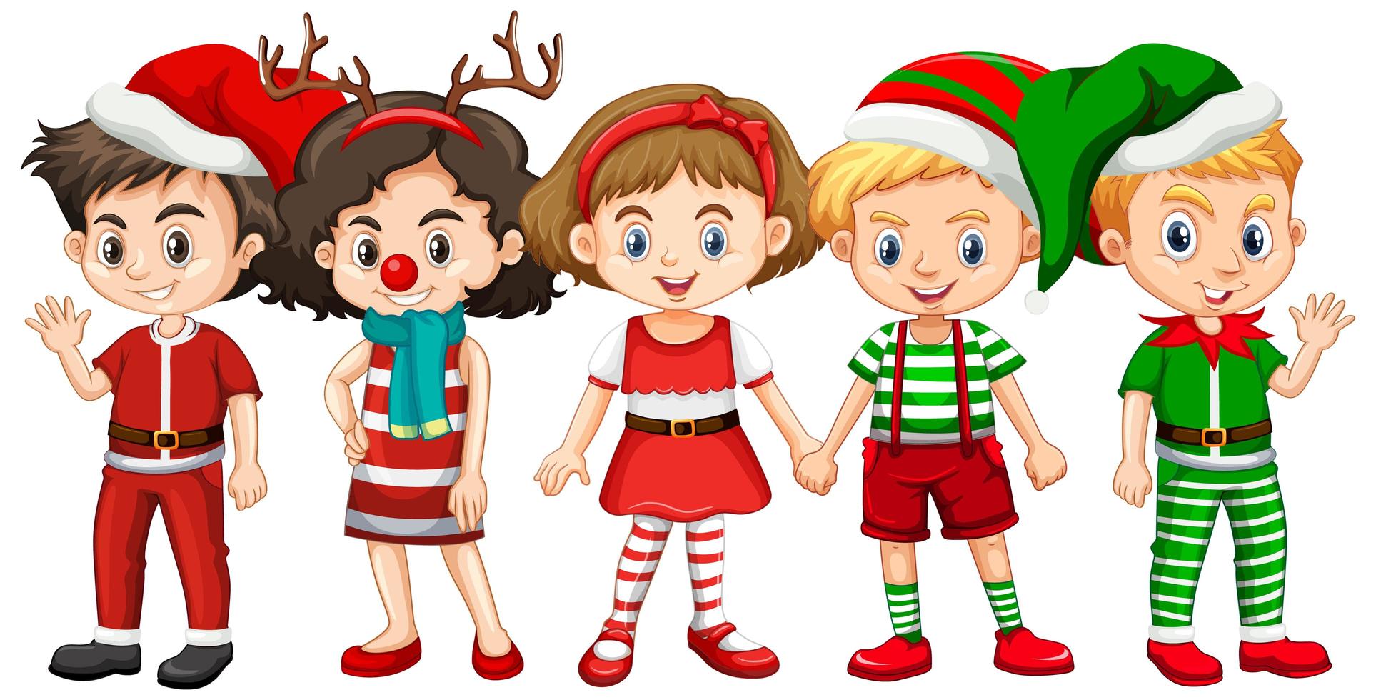 verschiedene Kinder tragen Weihnachtskostüm Zeichentrickfigur vektor