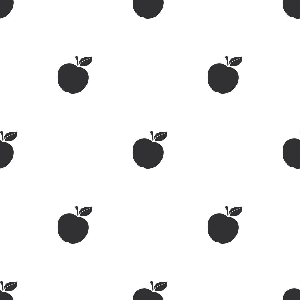 sömlös mönster med svart silhuetter av äpplen med stam och blad på vit bakgrund. friska vegetarian mat vektor