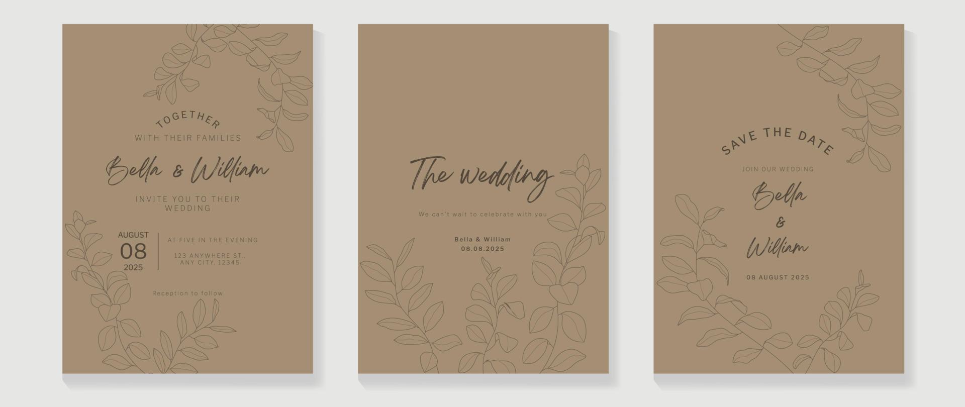 Luxus-Hochzeitseinladungskarte Hintergrundvektor. abstrakter botanischer Blattzweig Konturzeichnung Strichzeichnungen Textur Vorlage Hintergrund. designillustration für hochzeits- und vip-cover-vorlage, banner. vektor