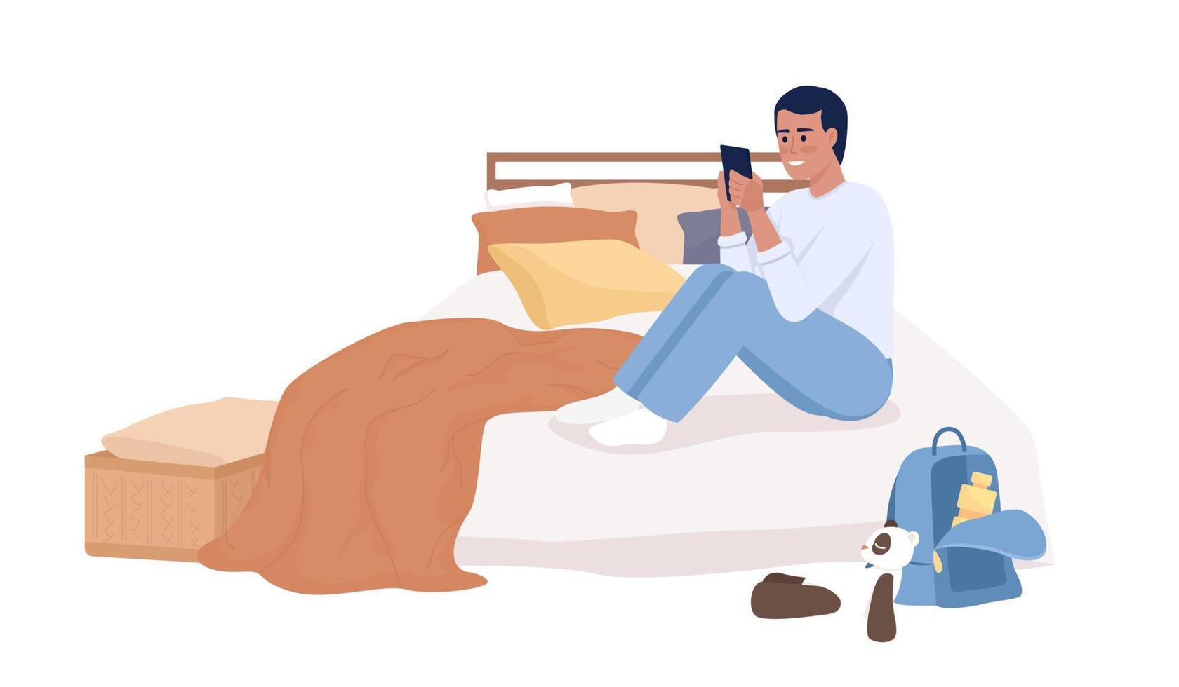 Tonårs pojke med smartphone Sammanträde på säng semi platt Färg vektor karaktär. redigerbar figur. full kropp person på vit. enkel tecknad serie stil illustration för webb grafisk design och animering