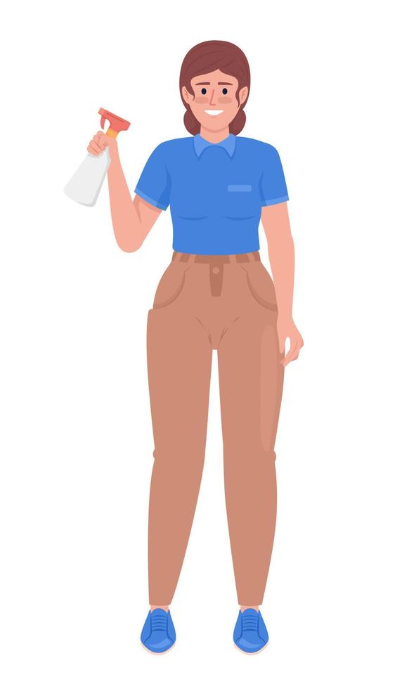 weibliche Haushälterin in Uniform mit Sprühflasche halbflacher Farbvektorfigur. editierbare Figur. Ganzkörperperson auf Weiß. einfache karikaturartillustration für webgrafikdesign und -animation vektor
