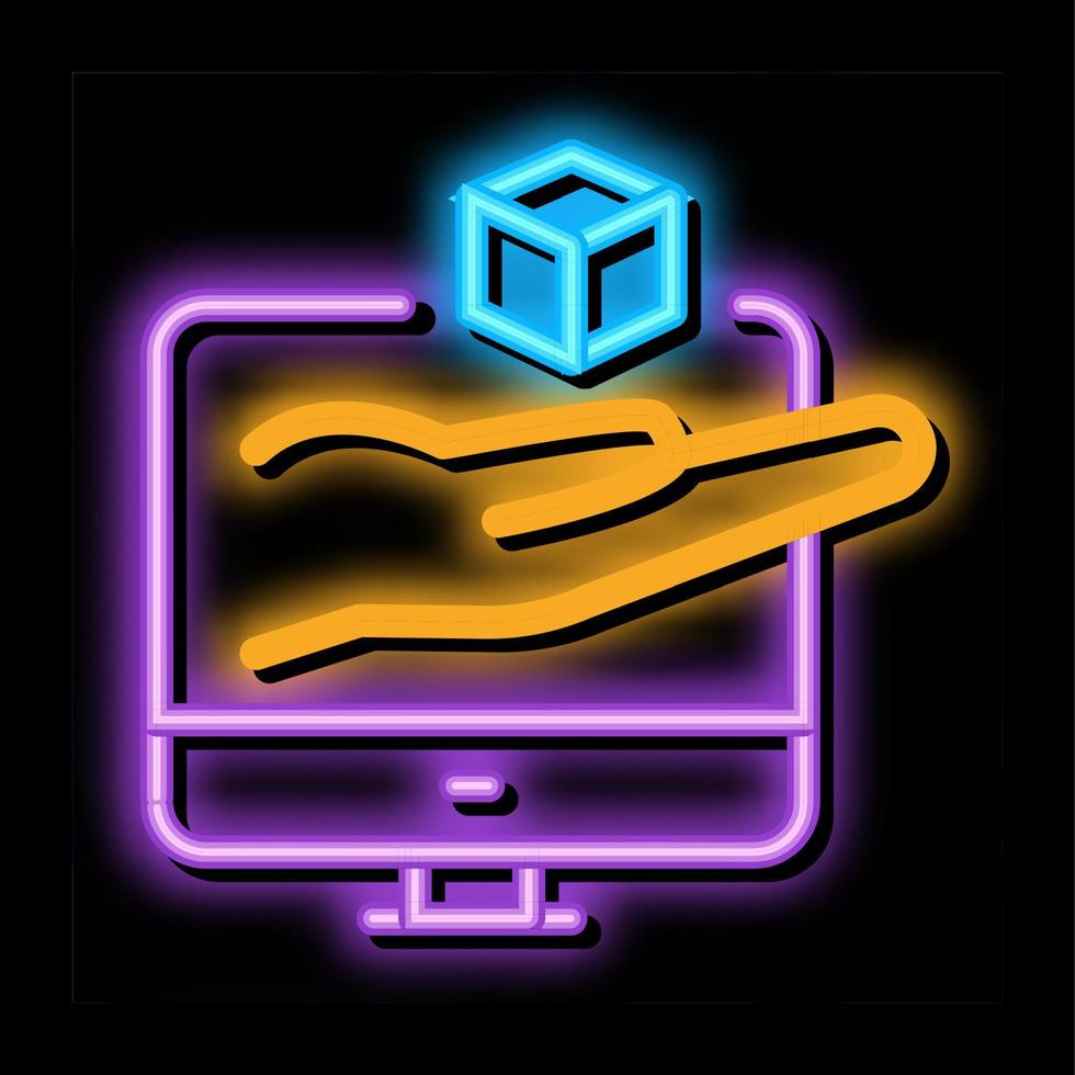 hand halten würfel computerbildschirm neonglühen symbol illustration vektor