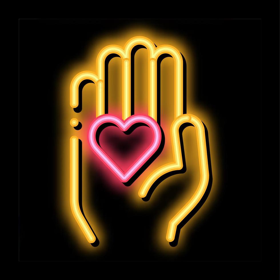 hjärta på handflatan neon glöd ikon illustration vektor