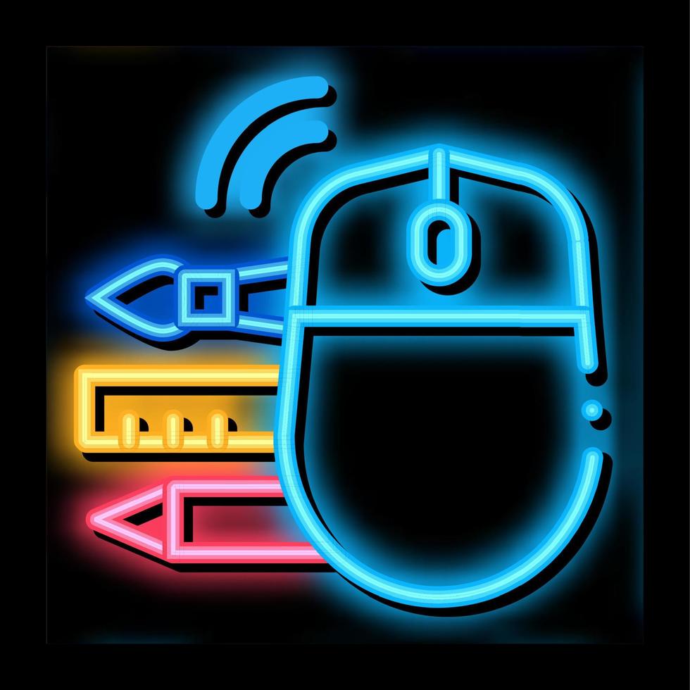 Computer Maus Stift Bleistift und Lineal Neonlicht Symbol Illustration vektor