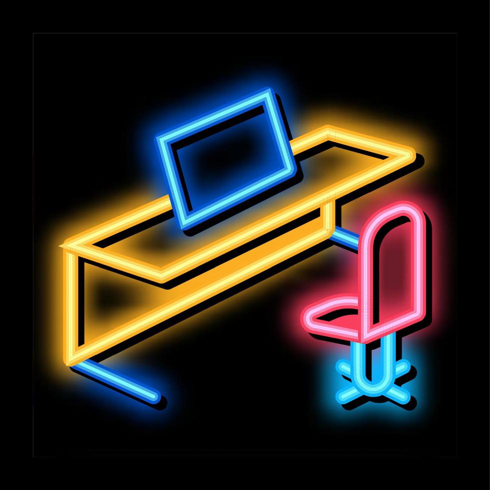 bürotischstuhl und computer-neonglühen-ikonenillustration vektor