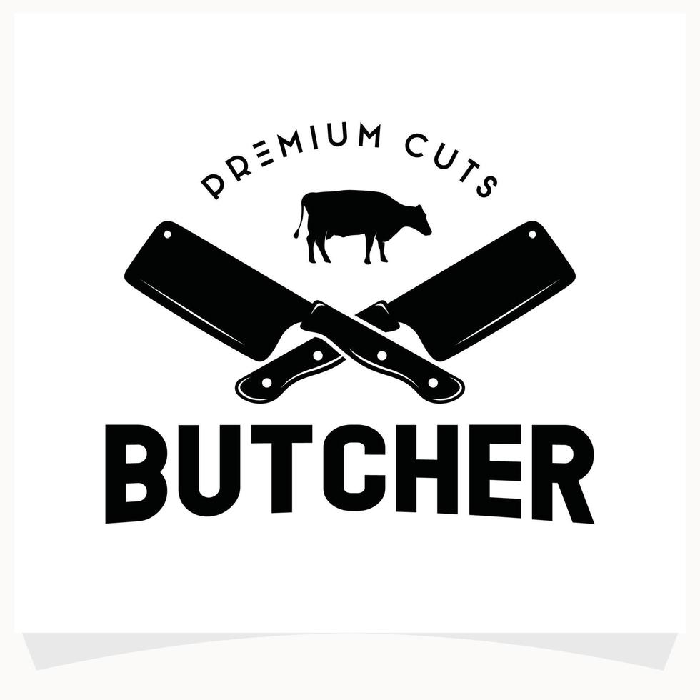 butchery affär logotyp design mall. ko och kött köttyxa kniv vektor design.
