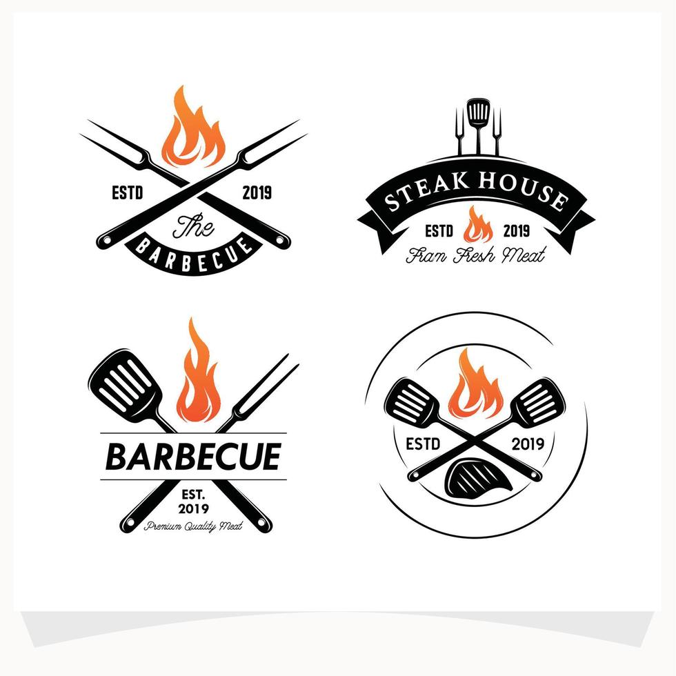 uppsättning av varm bbq biff grill hus logotyp design mall vektor
