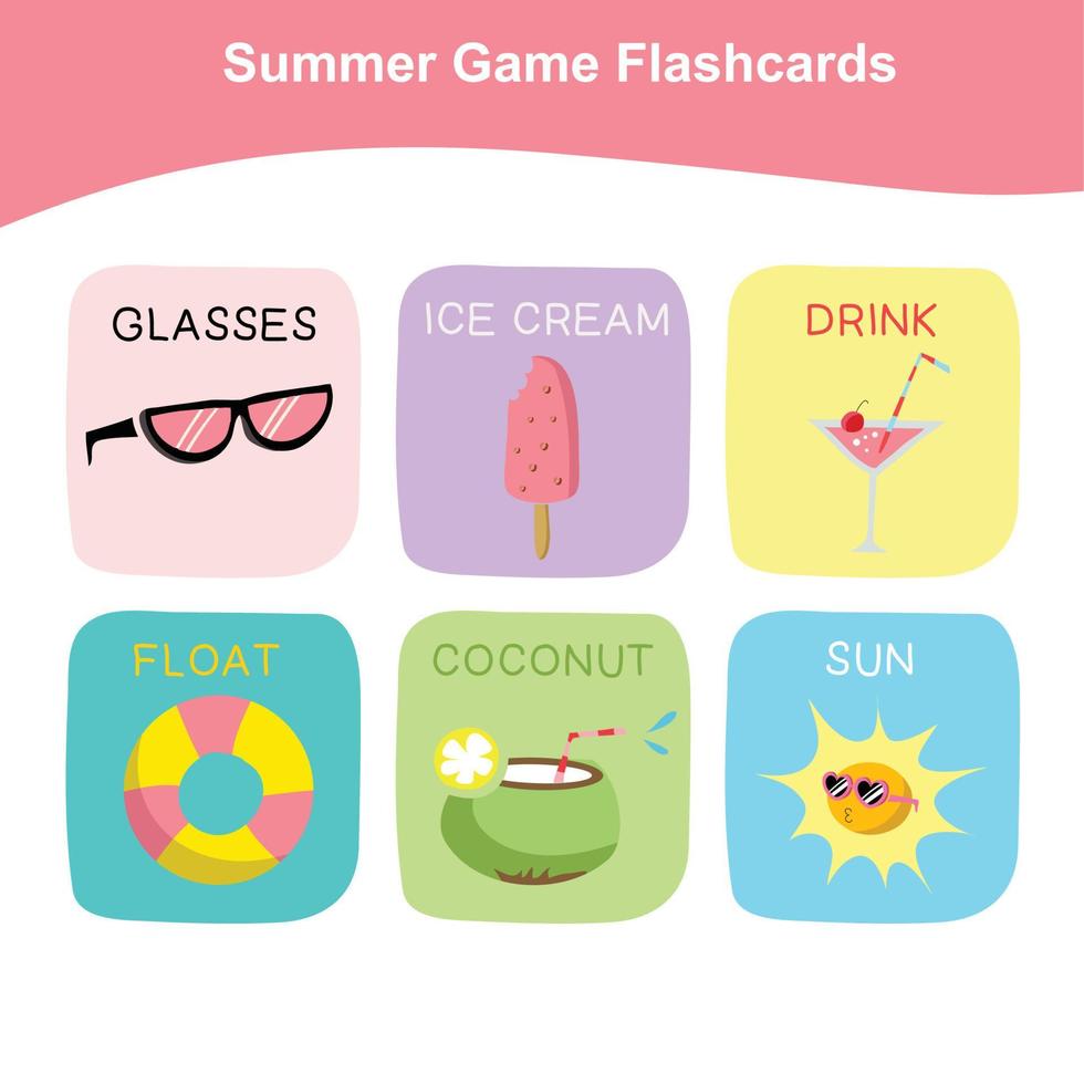 sommar spel flashcards för förskola barn. söt flashcards för barn utbildning. pedagogisk tryckbar spel kort. vektor illustration.