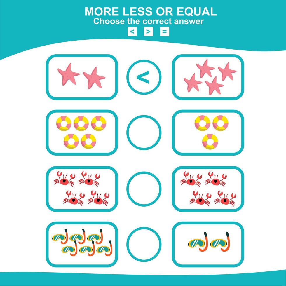 matematik pedagogisk spel för barn. välja Mer, mindre eller likvärdig spel. pedagogisk tryckbar matematik arbetsblad. vektor illustration i tecknad serie stil.