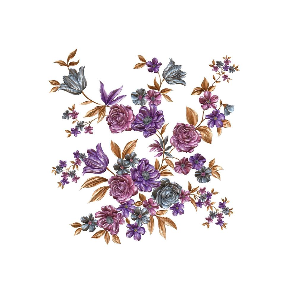 Blumenillustration, abstraktes metallisches Blumendesign mit weißem Hintergrund, digitale Blumenmalerei, dekoratives Blumendesign, Blumenillustration, geprägtes Blumenmuster vektor