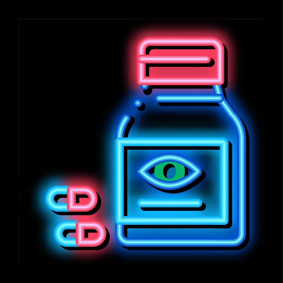 flasche mit pillen für augen neonglühen symbol illustration vektor