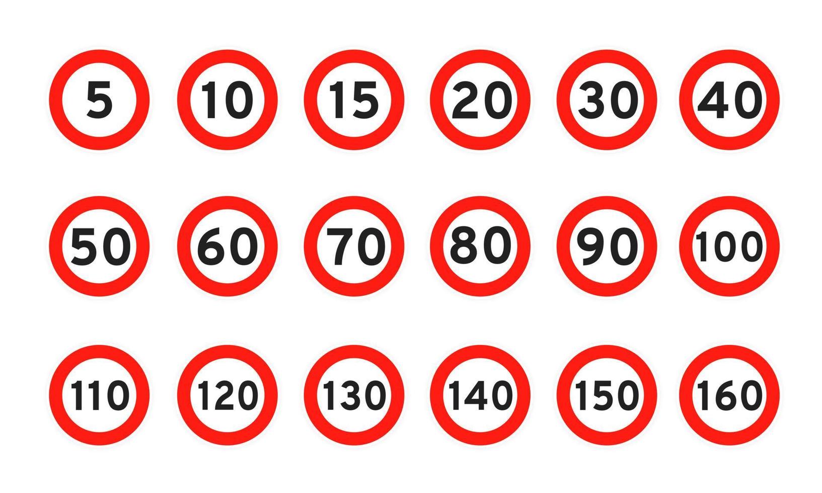 Geschwindigkeitsbegrenzung 5, 10, 15, 20, 30, 40, 50, 60, 70, 80, 90, 100 runder Straßenverkehr Symbol Zeichen flaches Design Vektor Illustration Set.