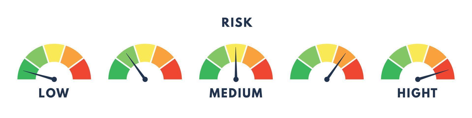 nivå risk Graf eller kontrollera kvalitet. skala meter med låg, hög och medium bar.vector isolerat illustration vektor