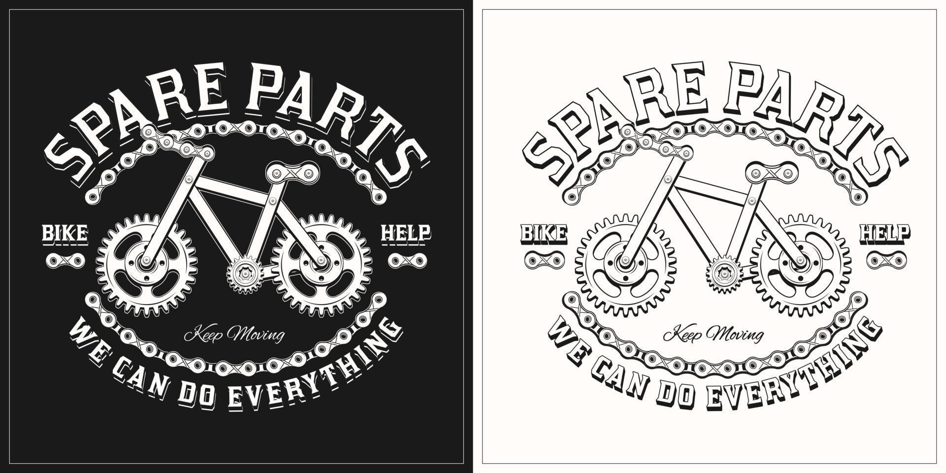 Schwarz-Weiß-Etikett, Abzeichen, Emblem für Reparaturfahrradservice im Vintage-Steampunk-Stil. Etikett mit Zahnrädern, Metallschienen, Nieten, Fahrradkette. Vektorillustration, T-Shirt-Design. vektor