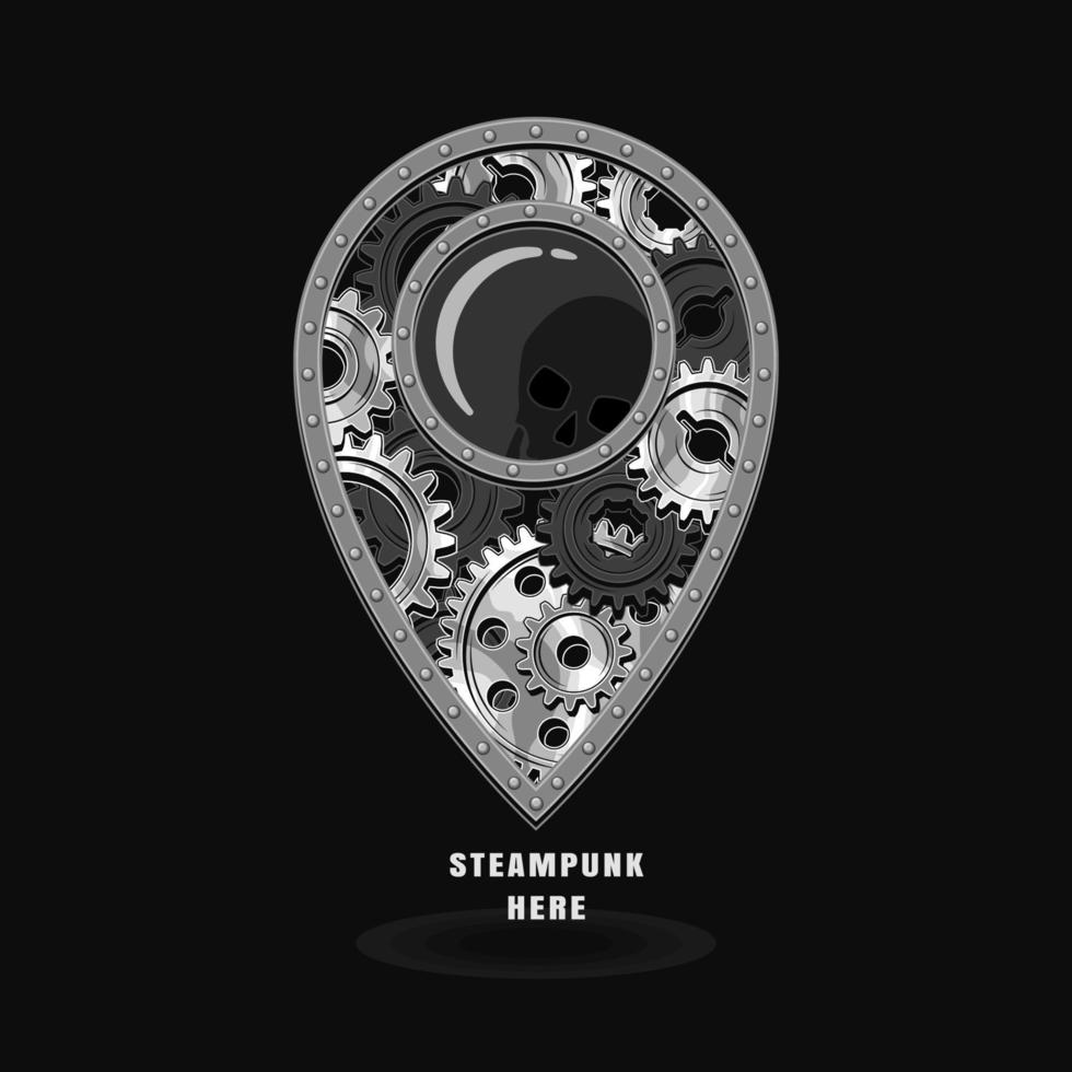Pin-Symbol im Steampunk-Stil mit schwarzen, silbernen Stahlzahnrädern, Metallschiene, Nieten. Silhouette des Schädels innerhalb des Bullauges. gut für Basteldesign. vektor