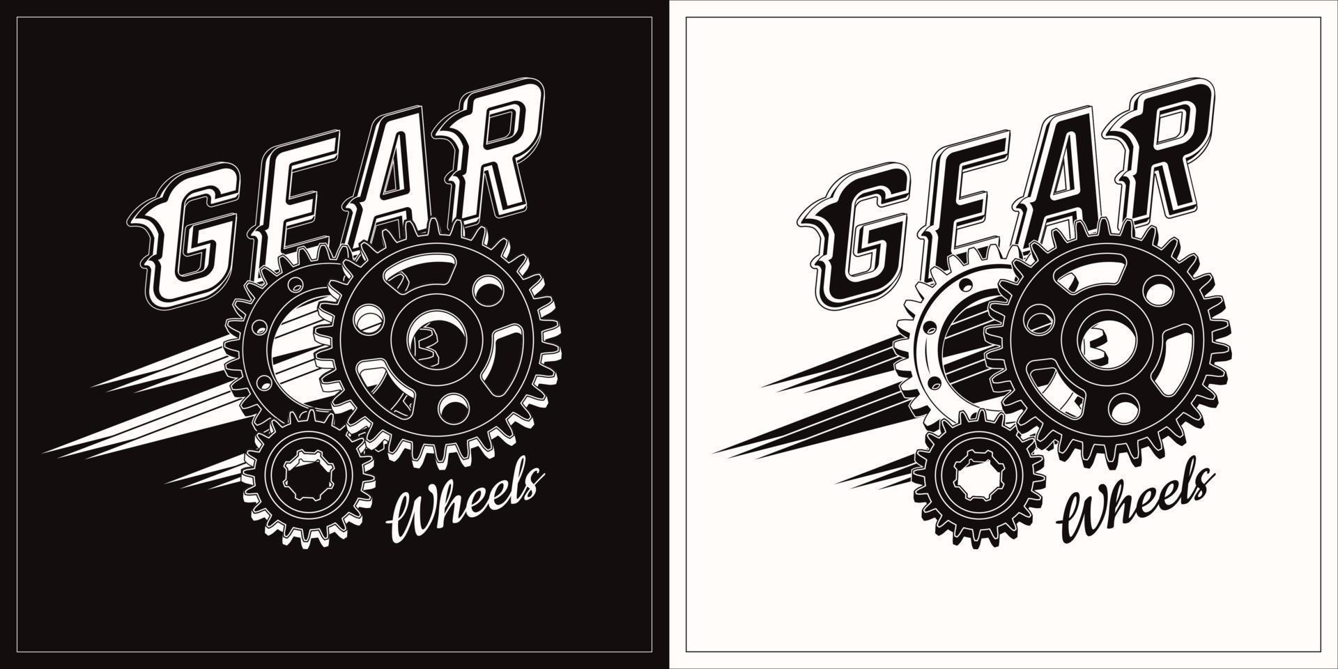 svartvit årgång märka med redskap hjul och text. emblem i steampunk stil. dynamisk rörelse av växlar. Bra för hantverk design. vektor