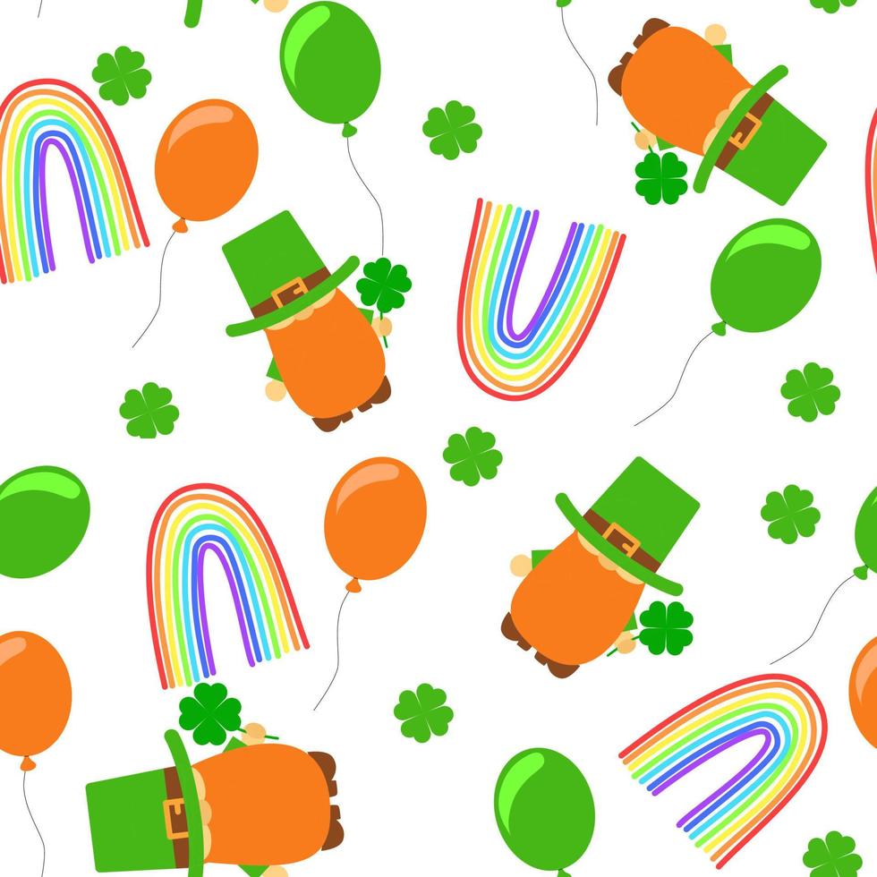 Nahtloses Muster mit Kobold. muster für st patrick's day mit luftballons, regenbogen und kleeblättern. Vektorillustration. vektor