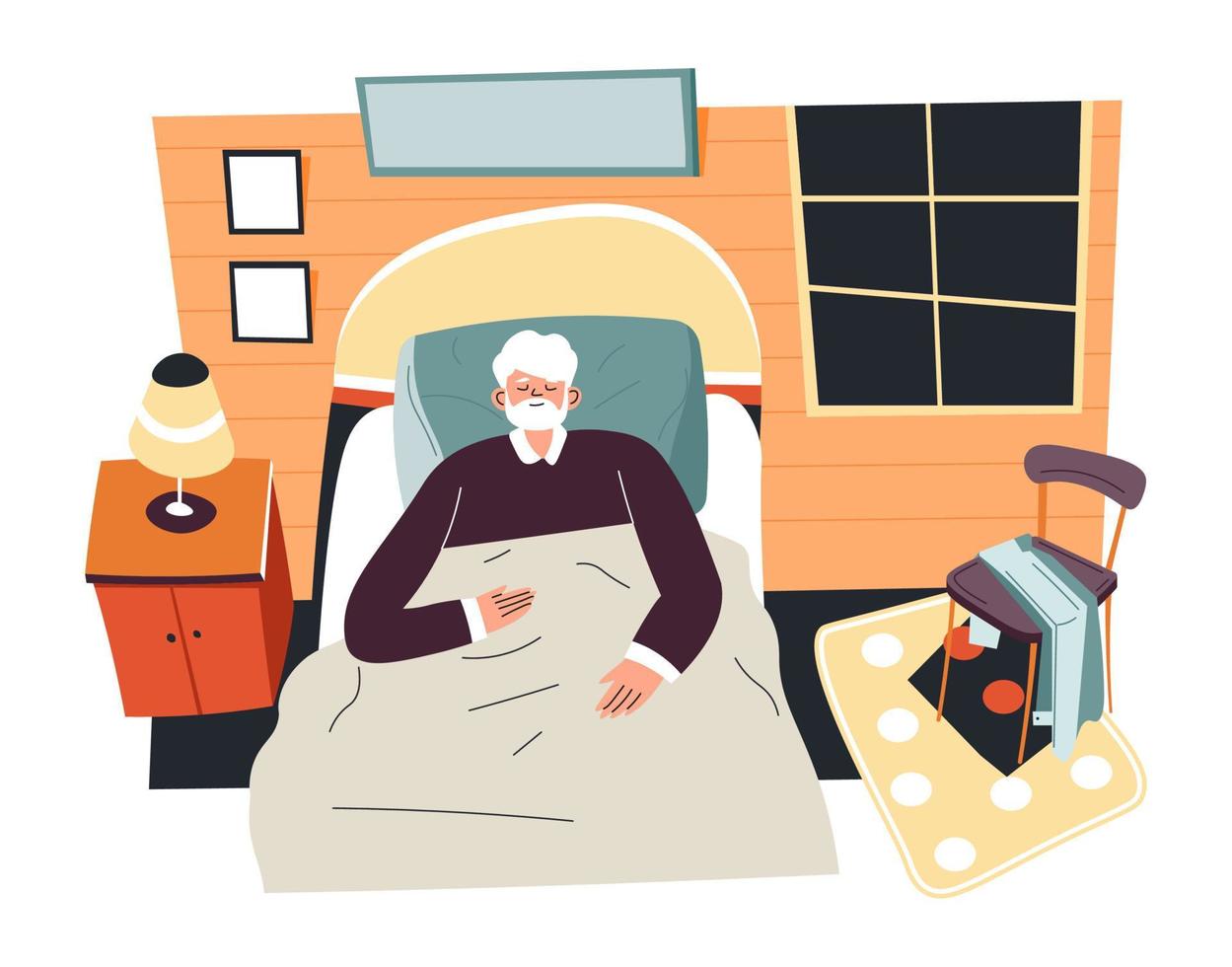 älterer mann, der im bett schläft, innenraum des schlafzimmers vektor