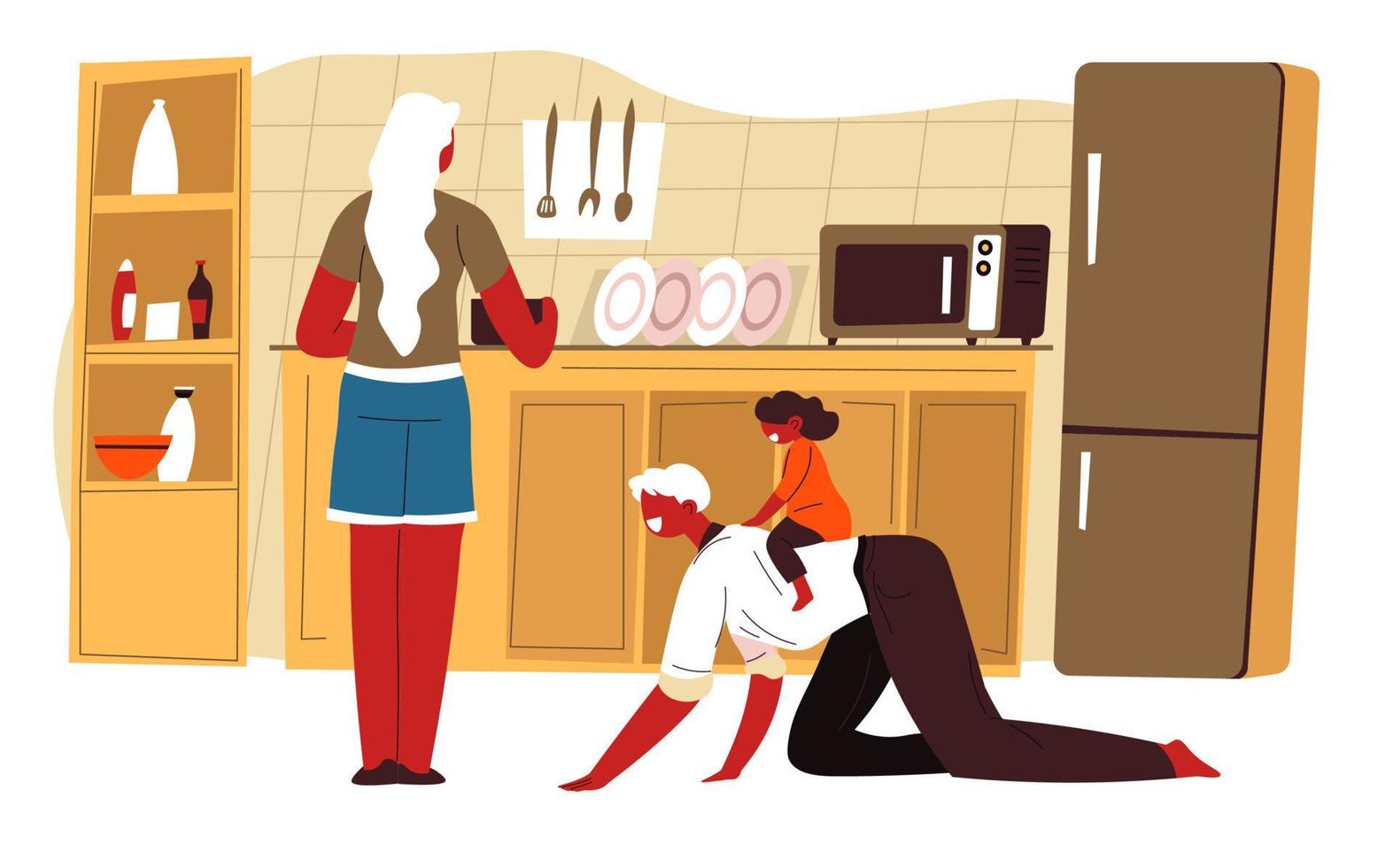 Frau in der Küche erledigt Hausarbeiten Mann spielt mit Kind vektor