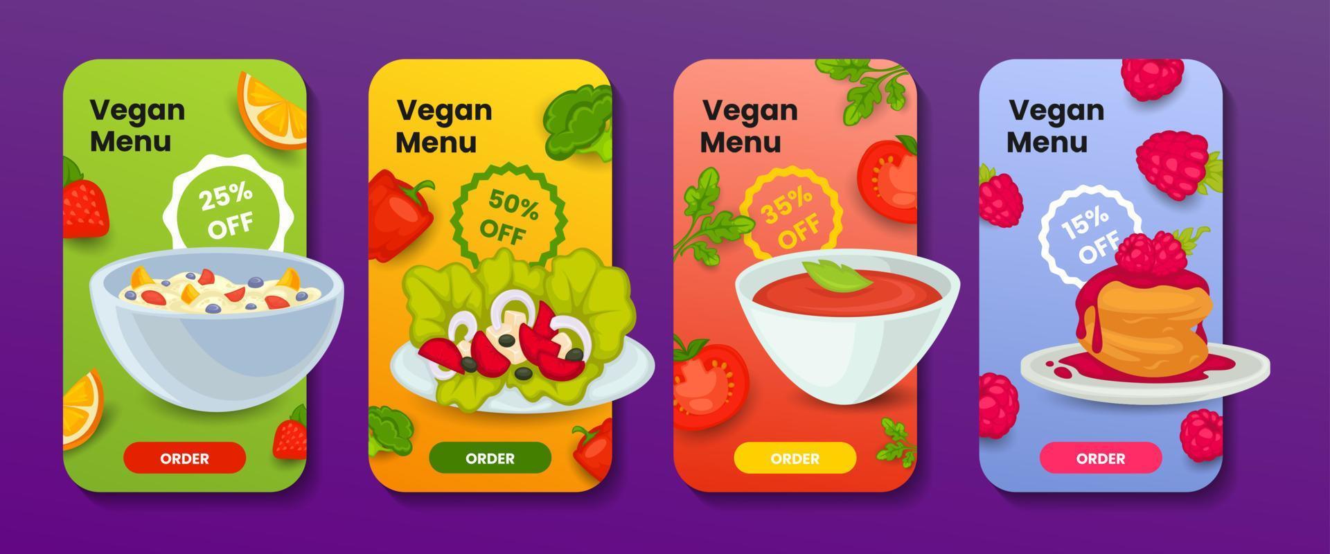 Satz mobiler Banner für die Werbung für ein veganes Menü vektor