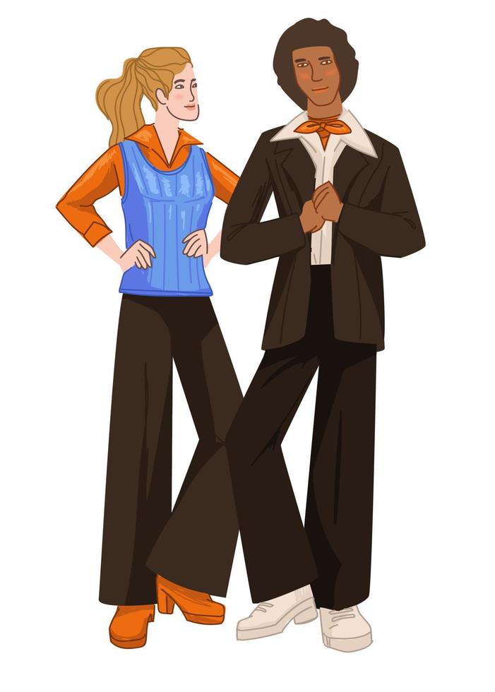 man och kvinna, par bär kläder av 1970-talet vektor
