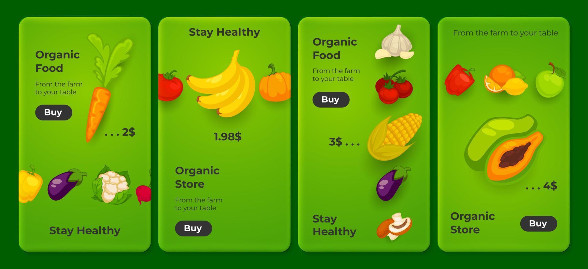 mobil app, baner uppsättning ingrediens organisk mat vektor