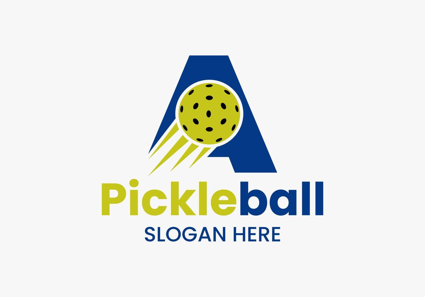 Schreiben Sie ein Pickleball-Logo-Konzept mit beweglichem Pickleball-Symbol. Pickle-Ball-Logo-Vektorvorlage vektor